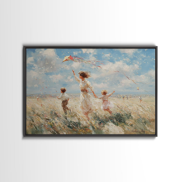 Mother Flying Kite With Children On Beach Wall Art, Impressionist Coastal Landscape, Family Gift, Beach House Decor, Canvas