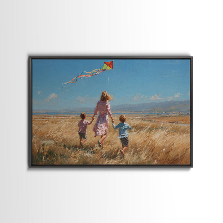 Mother And Children Running With Kite Through Golden Field Canvas Print, Impressionist Landscape, Family Gift, Farmhouse Decor