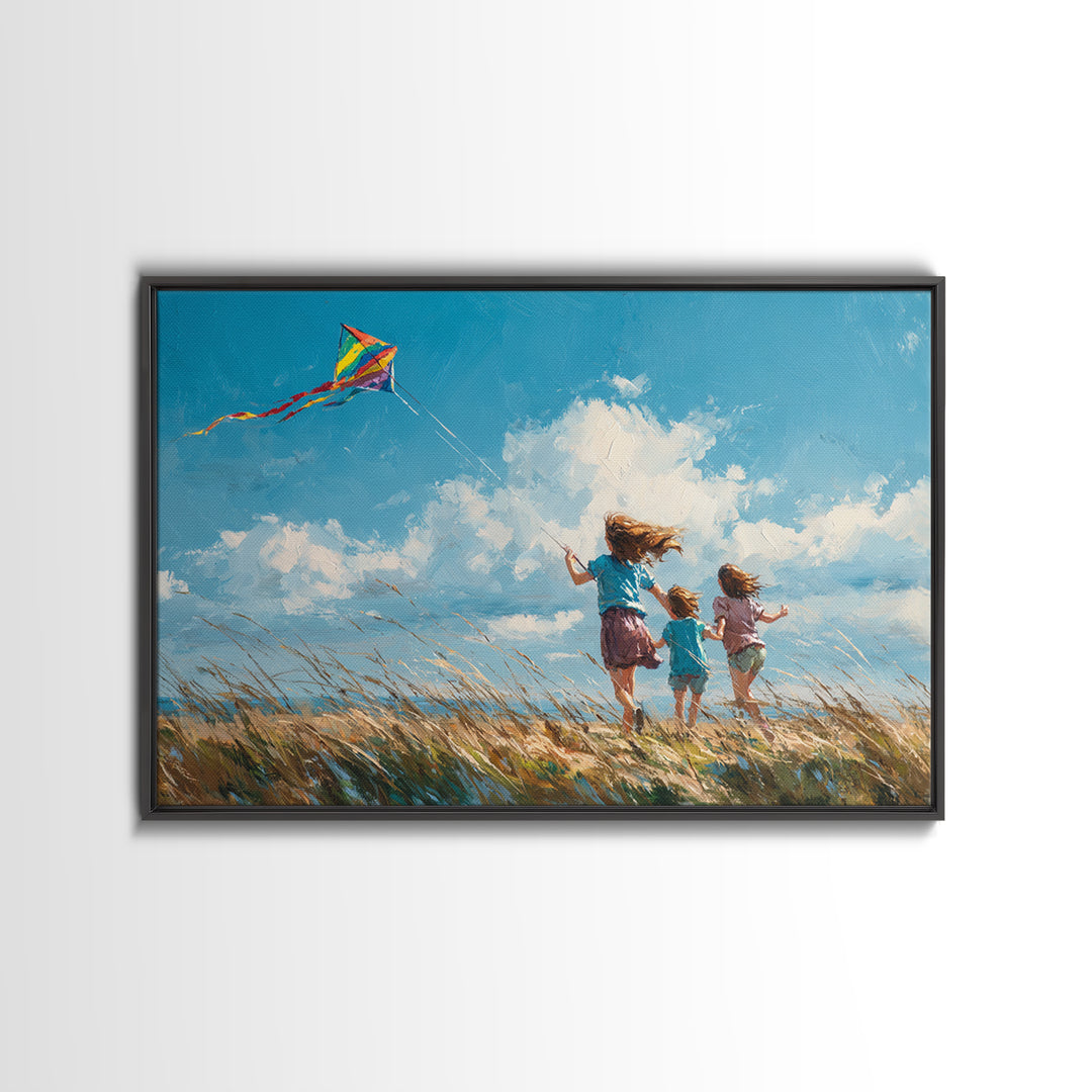Three Children Running With Rainbow Kite Canvas Print, Breezy Coastal Field Wall Art, Kids Room Decor, Nursery Art, Gift For Her