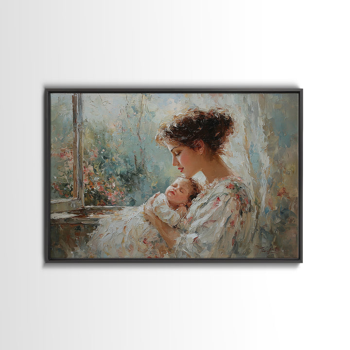 Mother Cradling Sleeping Newborn By Garden Window Framed Canvas Print, Feminine Wall Art, Baby Nursery Decor, Gift For Mom