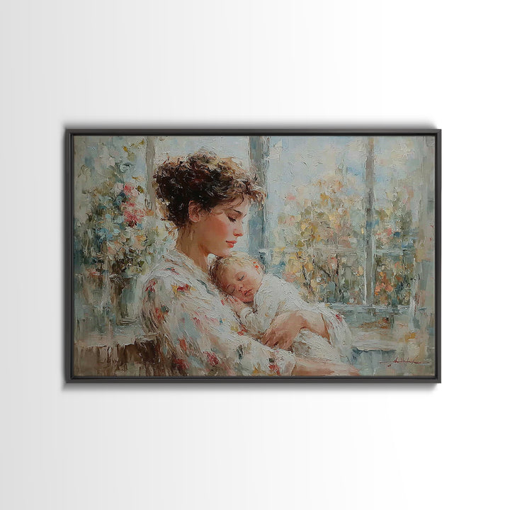 Tender Mother Holding Sleeping Baby Beside Bright Window Wall Art, Impressionist Nursery Decor, Feminine Art, Gift For Her