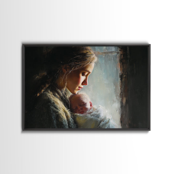 Moody Mother And Sleeping Baby By Rainy Window Framed Canvas Print, Dark Academia Wall Art, Nursery Decor, Gift For Mom, New Baby Gift