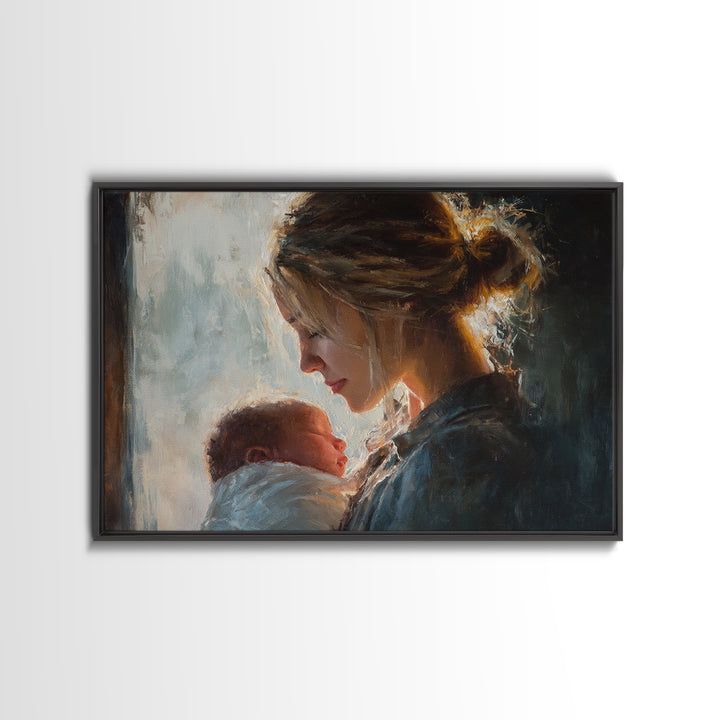 Soft Mother And Newborn Portrait In Window Light Canvas Print, Feminine Wall Art, Baby Nursery Decor, Gift For Mom, New Baby Gift
