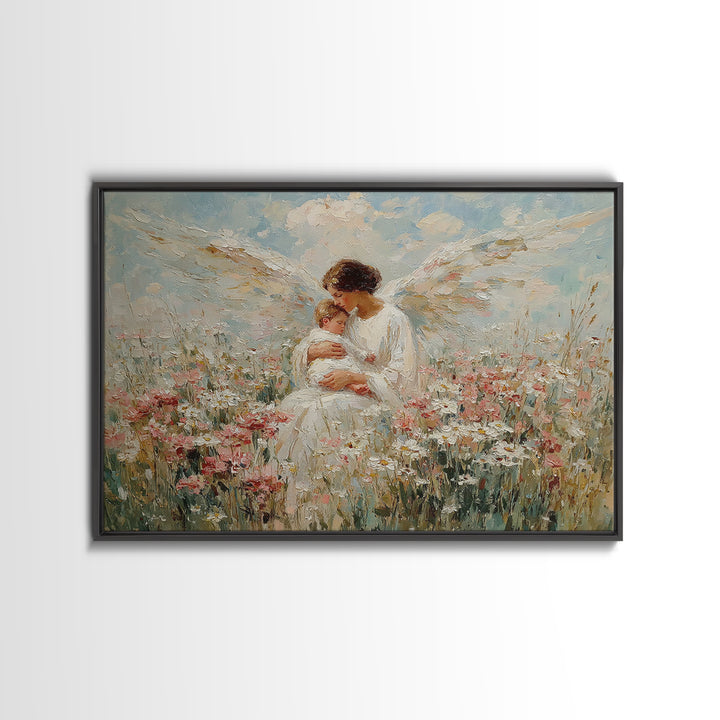 Guardian Angel Holding Baby In Wildflower Meadow Wall Art, Christian Nursery Decor, Motherhood Gift, Floral Canvas Print