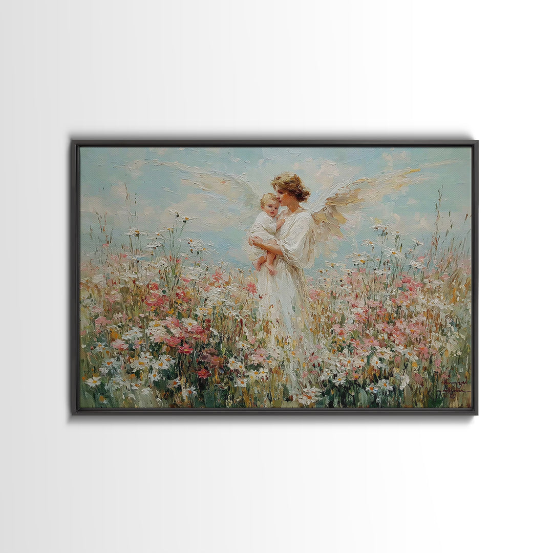 Angel Mother And Baby In Daisy Meadow Canvas Print, Christian Nursery Wall Art, Floral Home Decor, Mothers Day Gift For Mom