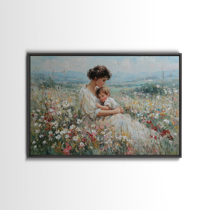 Seated Mother And Child Among Daisies Framed Canvas Print, Impressionist Wall Art, Floral Nursery Decor, Gift For New Mom