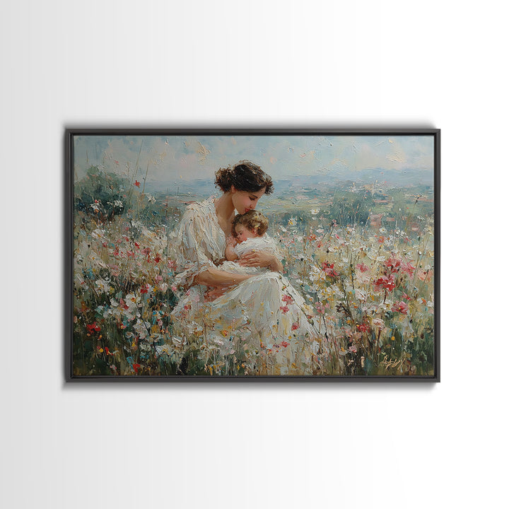 Mother Nursing Baby In Wildflower Meadow Wall Art, Impressionist Oil Painting, Christian Nursery Decor, Gift For New Mom