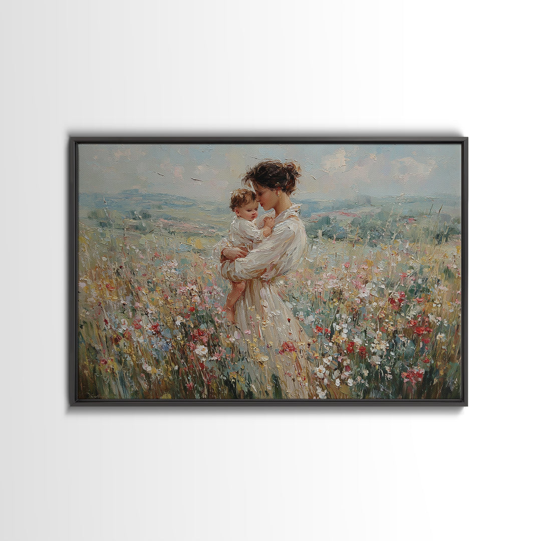 Mother Holding Baby In Mountain Wildflower Field Wall Art, Impressionist Canvas Print, Nursery Decor, Mothers Day Gift For Mom