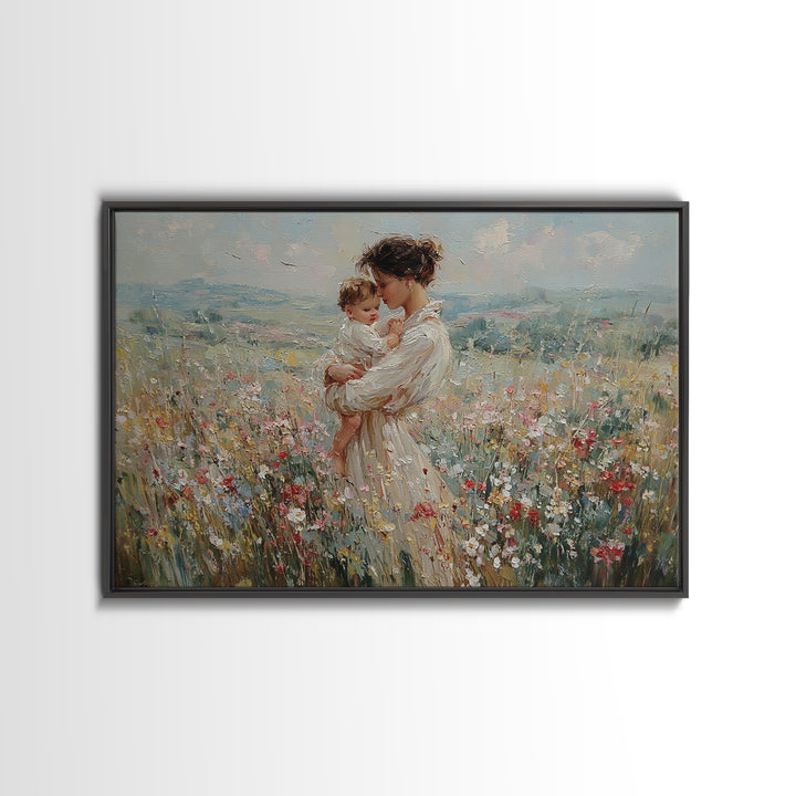 Mother Holding Baby In Mountain Wildflower Field Wall Art, Impressionist Canvas Print, Nursery Decor, Mothers Day Gift For Mom