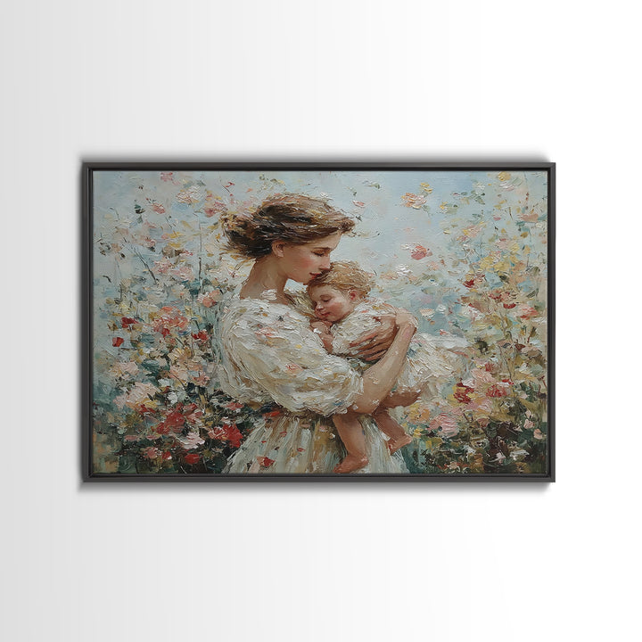 Tender Mother And Sleeping Baby In Floral Breeze Framed Canvas Print, Impressionist Wall Art, Nursery Decor, Gift For Mom