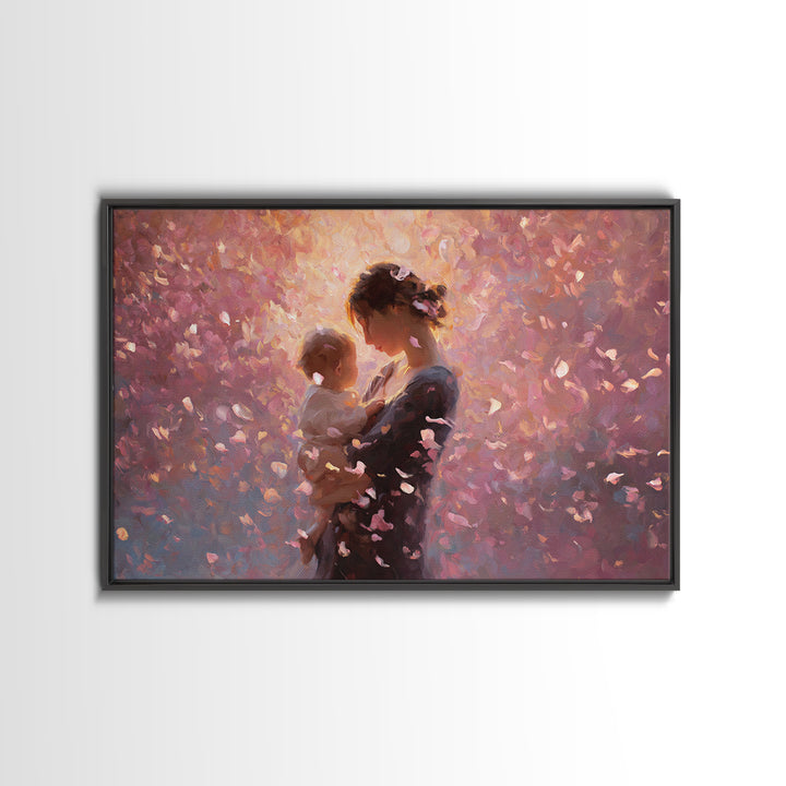 Backlit Mother And Baby In Blush Petals Wall Art, Romantic Impressionist Canvas, Feminine Nursery Decor, Gift For Her, Home Decor