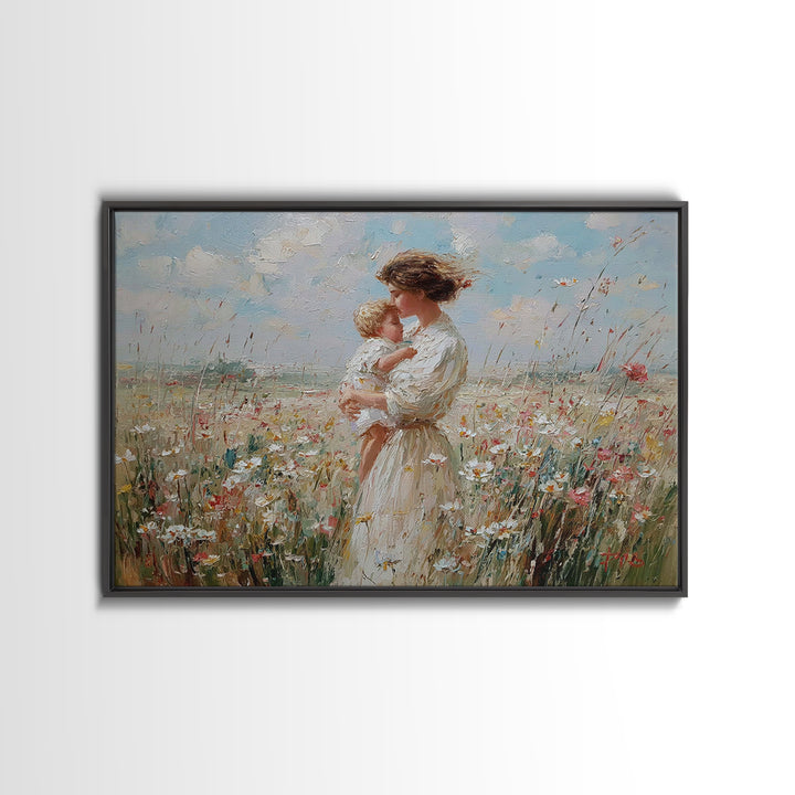 Mother Kissing Baby In Sunny Wildflower Field Wall Art, Impressionist Floral Canvas Print, Nursery Decor, Gift For Mom, Home Decor