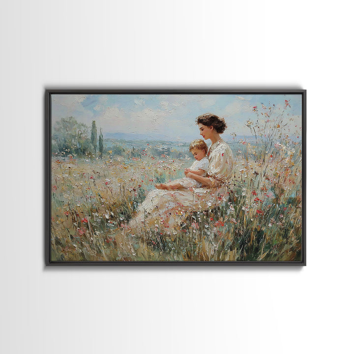 Mother And Child In Wildflower Meadow Canvas Print, Impressionist Landscape Art, Soft Nursery Decor, Gift For Mom, Fine Art