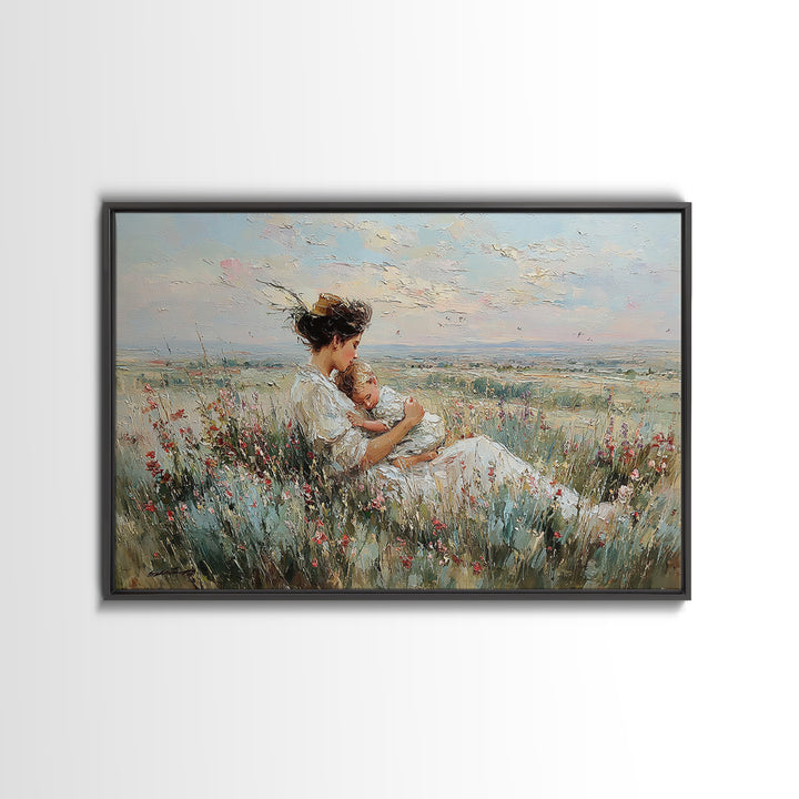 Mother Cradling Baby In Wildflower Meadow Wall Art, Impressionist Oil Painting Print, Nursery Wall Decor, Gift For Mom, Mothers Day Gift