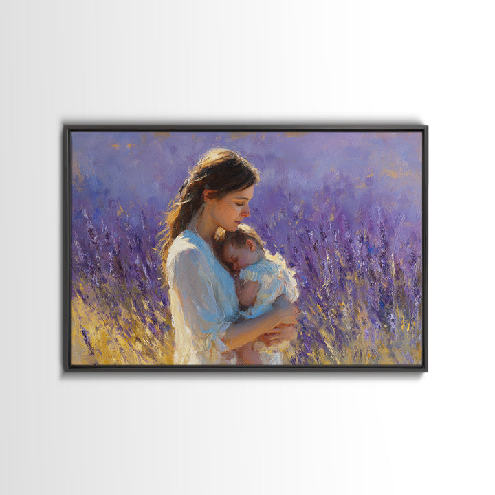Tender Mother And Sleeping Baby Lavender Wall Art, Impressionist Oil Painting Print, Feminine Nursery Decor, Gift For Mom