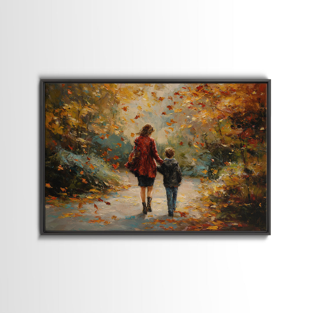 Mother And Son Walking Through Autumn Park Canvas Print, Impressionist Fall Landscape Wall Art, Cozy Home Decor, Gift For Mom