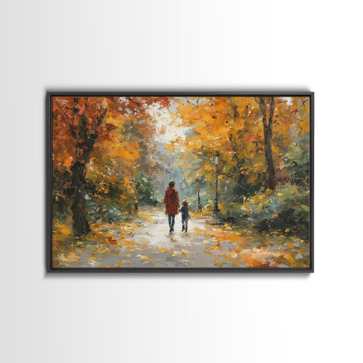Mother And Child In Golden Autumn Park Framed Canvas Print, Impressionist Fall Landscape Wall Art, Cozy Living Room Decor