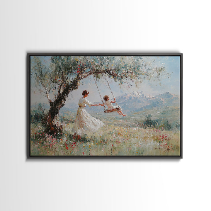 Mother Pushing Child On Meadow Swing Wall Art, Mountain Landscape Oil Painting Print, Whimsical Nursery Decor, Gift For Mom