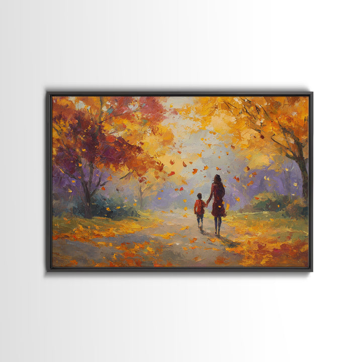 Mother And Child Under Golden Autumn Trees Canvas Print, Impressionist Fall Landscape Wall Art, Cozy Home Decor, Gift For Mom