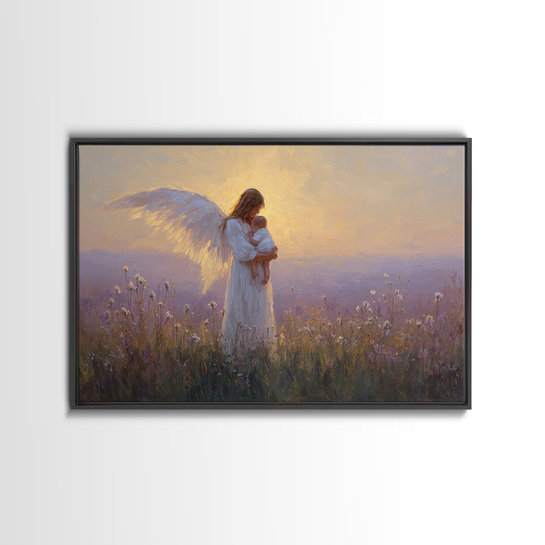 Guardian Angel Holding Baby Framed Canvas Print, Golden Meadow Oil Painting, Spiritual Nursery Decor, Christian Gift For Mom