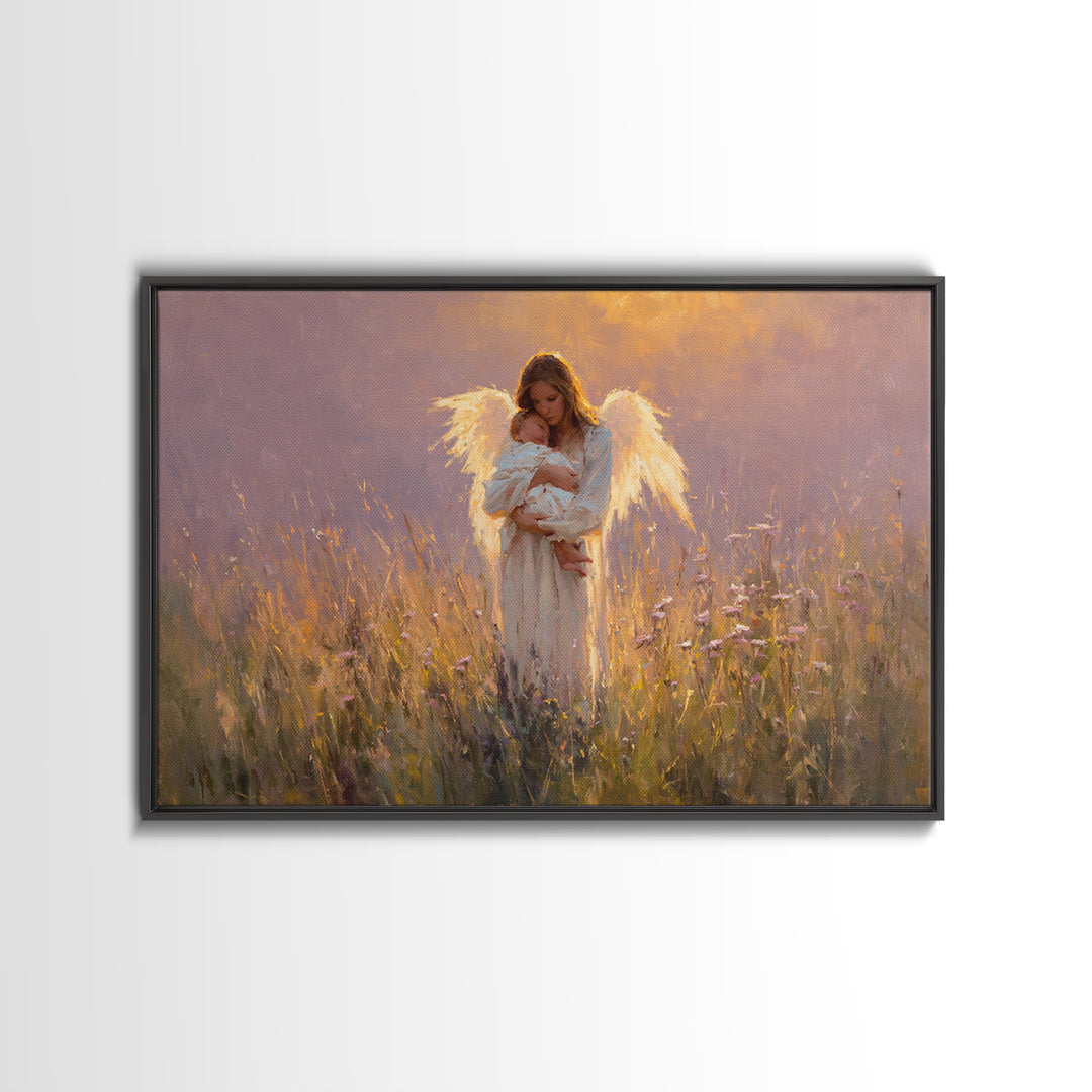 Angel Mother Cradling Newborn Canvas Print, Glowing Wildflower Oil Painting, Christian Nursery Wall Decor, Gift For New Mom
