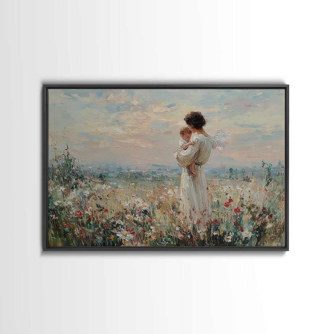 Angel Mother With Baby Wildflower Wall Art, Pastel Meadow Oil Painting Print, Spiritual Nursery Decor, Christian Gift For Mom
