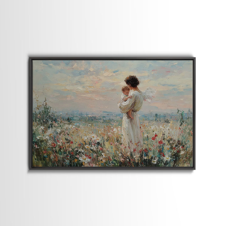 Angel Mother With Baby Wildflower Wall Art, Pastel Meadow Oil Painting Print, Spiritual Nursery Decor, Christian Gift For Mom
