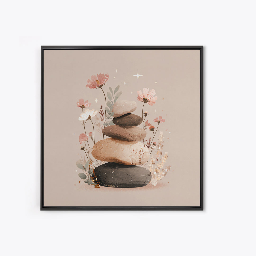 Stacked Zen Stones With Blush Flowers Wall Art, Neutral Spa Decor Canvas, Botanical Bathroom Print, Mindfulness Gift, Home Decor