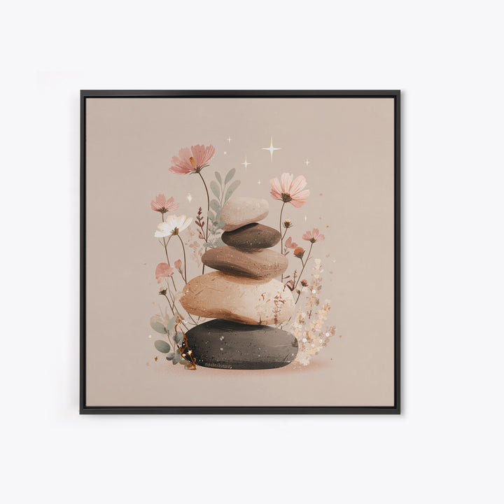 Stacked Zen Stones With Blush Flowers Wall Art, Neutral Spa Decor Canvas, Botanical Bathroom Print, Mindfulness Gift, Home Decor