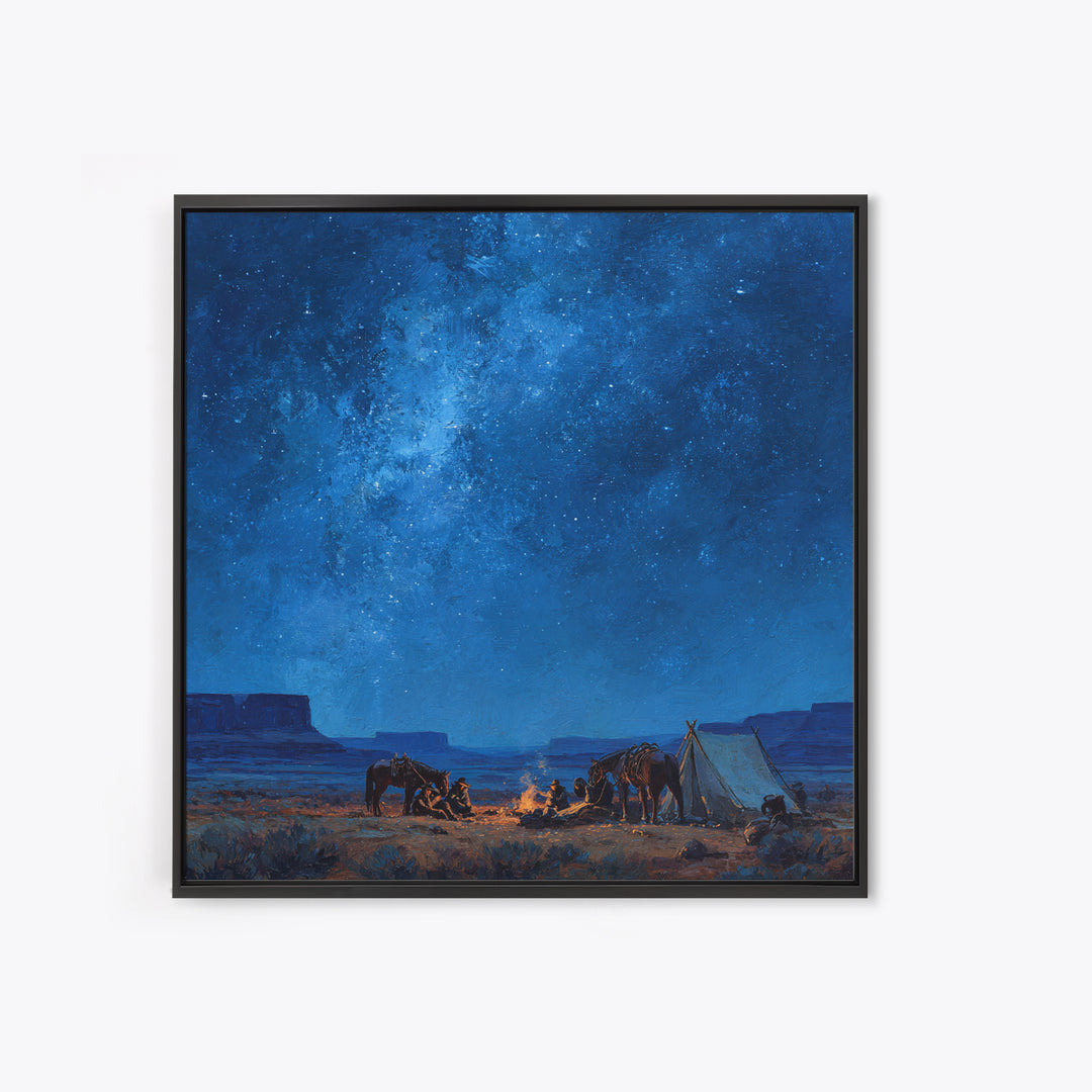 Cowboys Around Campfire Under Milky Way Wall Art, Western Night Desert Painting Print, Rustic Cabin Decor Living Room Art