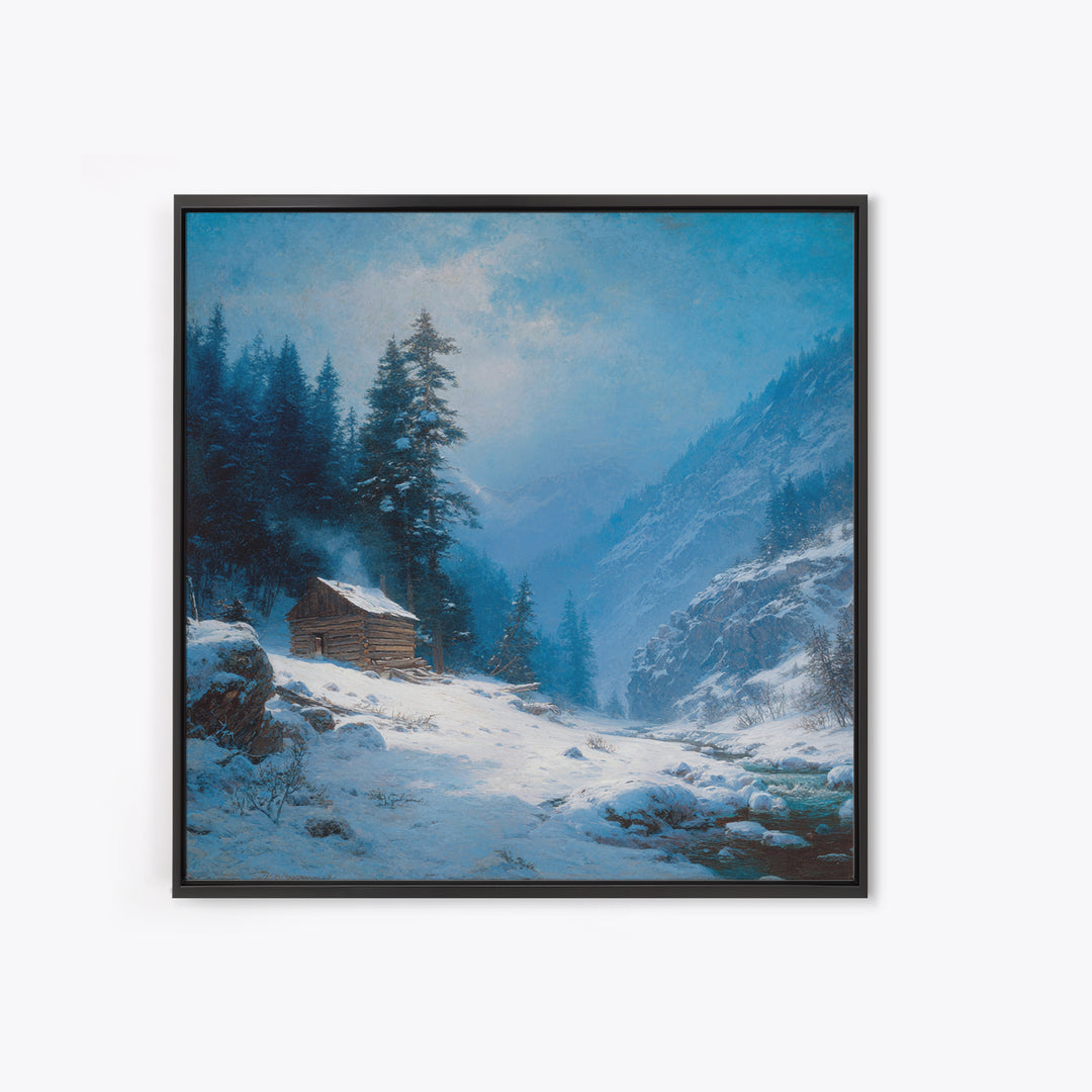 Cozy Winter Cabin In Snowy Mountain Valley Wall Art Print, Rustic Landscape Home Decor, Calming Nature Canvas Print