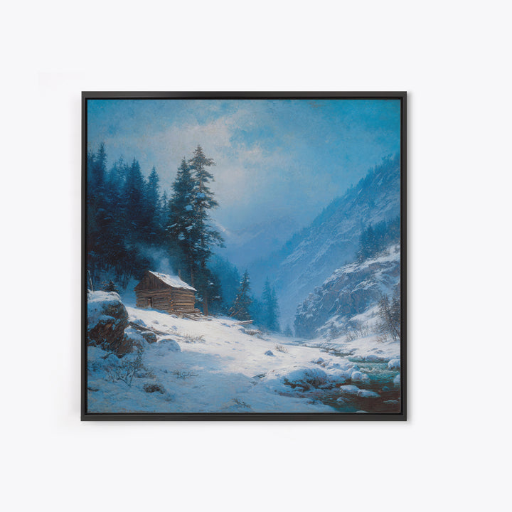 Cozy Winter Cabin In Snowy Mountain Valley Wall Art Print, Rustic Landscape Home Decor, Calming Nature Canvas Print