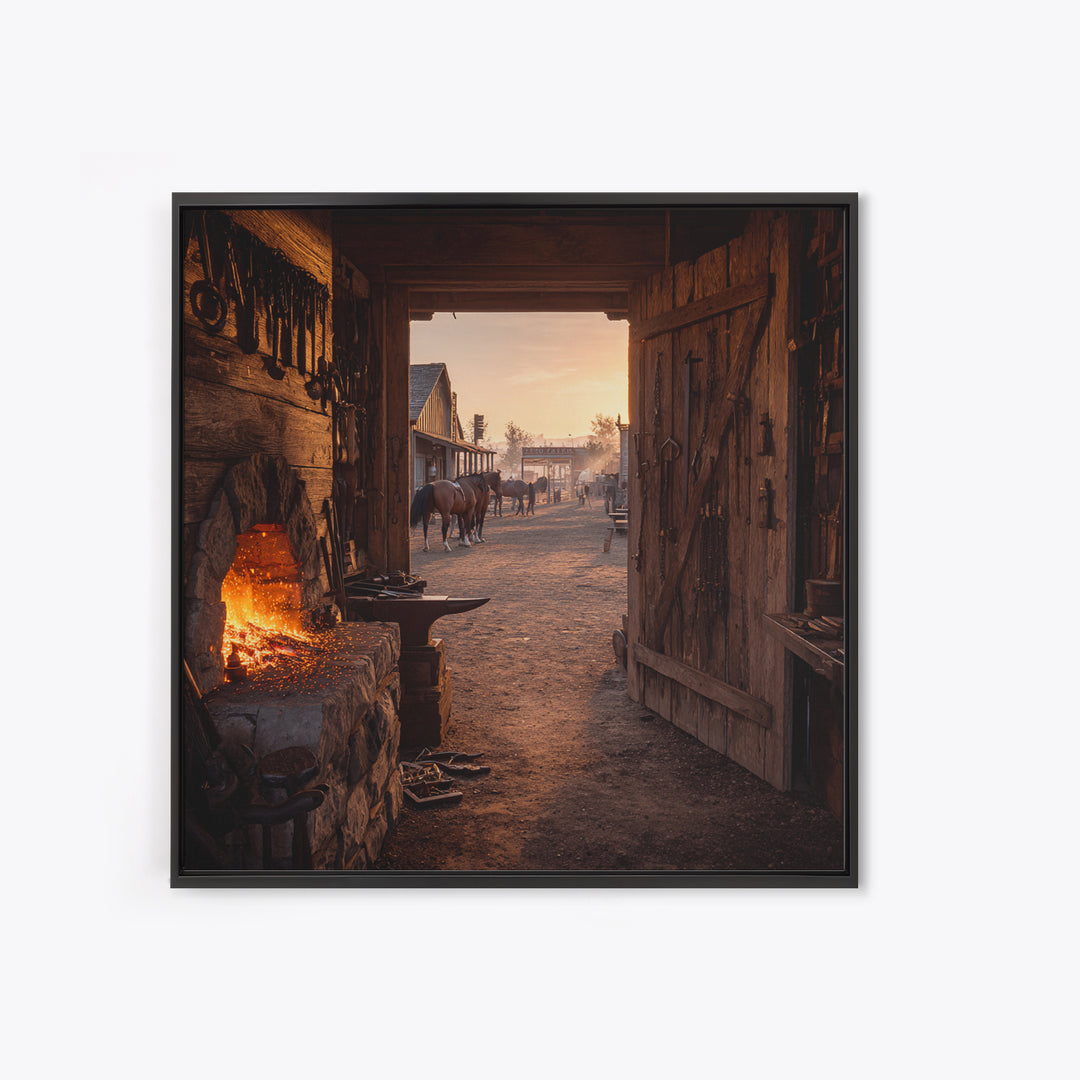 Cozy Old West Blacksmith Shop At Sunset Wall Art For Rustic Farmhouse Decor, Western Town Framed Canvas Print
