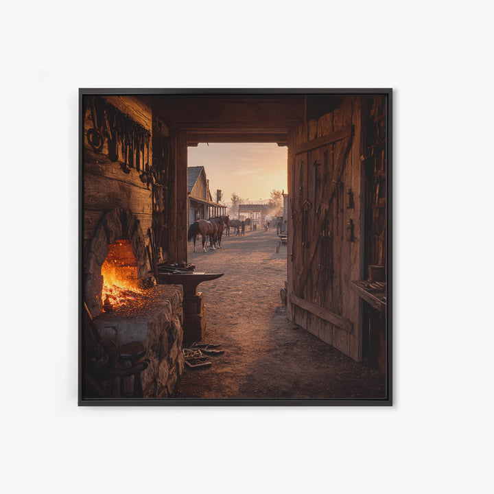 Cozy Old West Blacksmith Shop At Sunset Wall Art For Rustic Farmhouse Decor, Western Town Framed Canvas Print