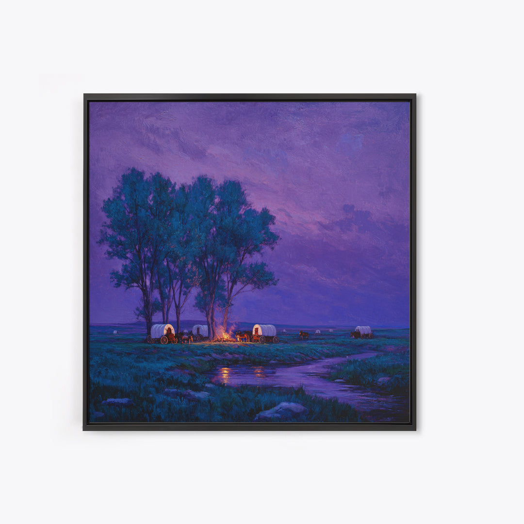 Purple Prairie Campfire Wagons Wall Art, Western Night Landscape Painting, Cozy Cabin Country Decor, Canvas Print