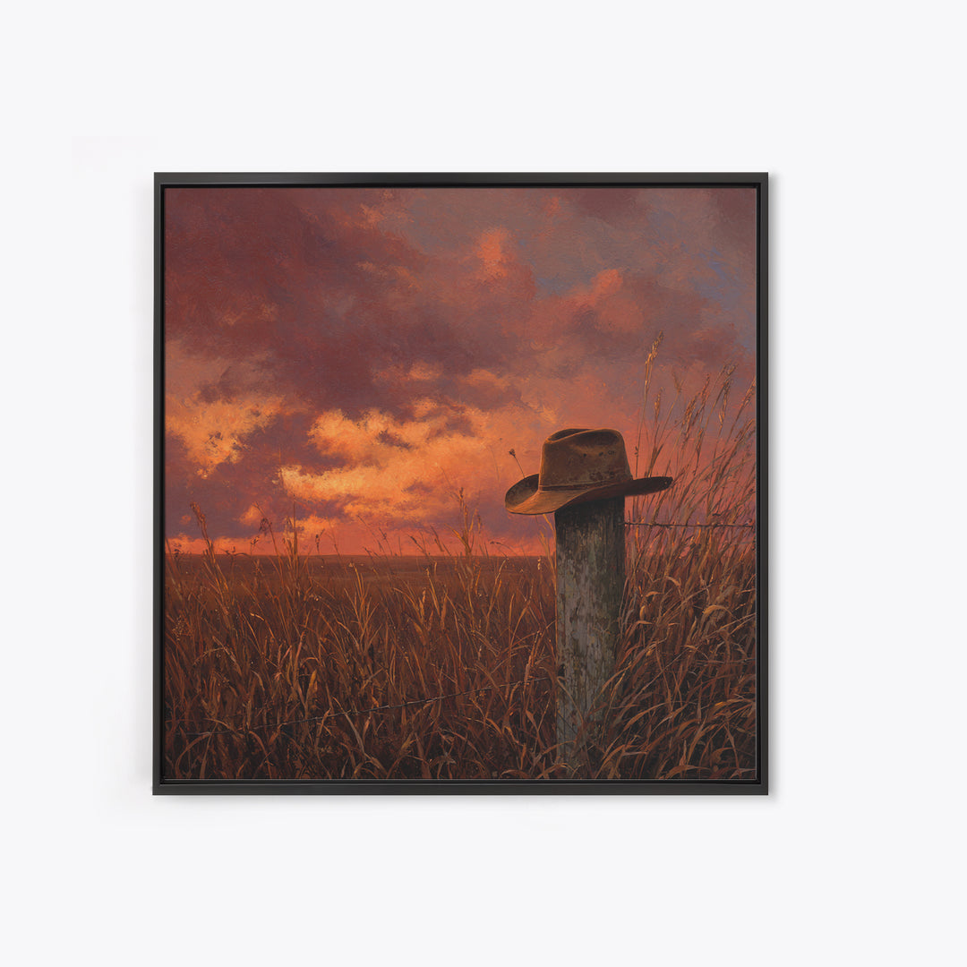 Western Cowboy Hat Sunset Field Wall Art Rustic Landscape Canvas Print Country Home Decor Farmhouse Painting Living Room Art