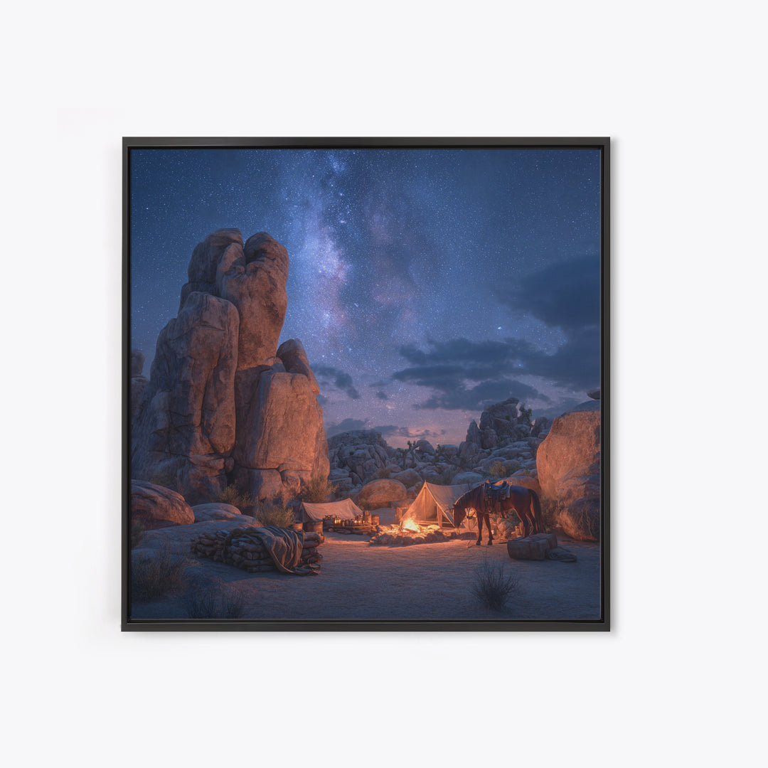 Starry Desert Campfire Wall Art, Western Night Landscape Framed Canvas Print, Cowboy Camping Art, Rustic Cabin Decor