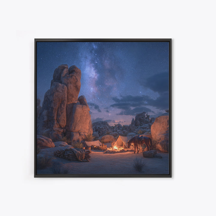 Starry Desert Campfire Wall Art, Western Night Landscape Framed Canvas Print, Cowboy Camping Art, Rustic Cabin Decor