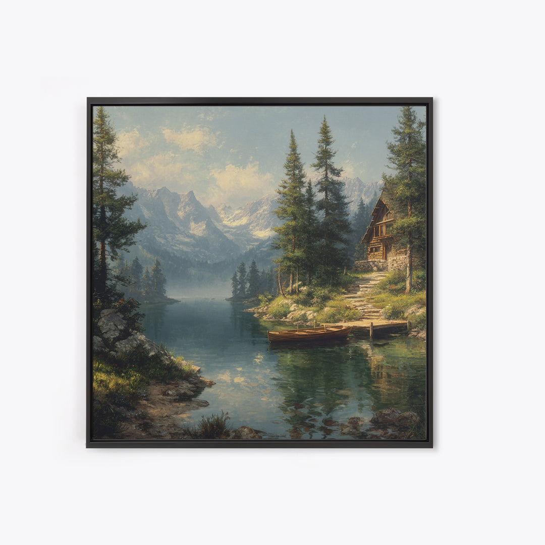 Mountain Lake Cabin Landscape Wall Art Canvas Print, Rustic Country Home Decor, Large Landscape Art, Living Room Wall Decor