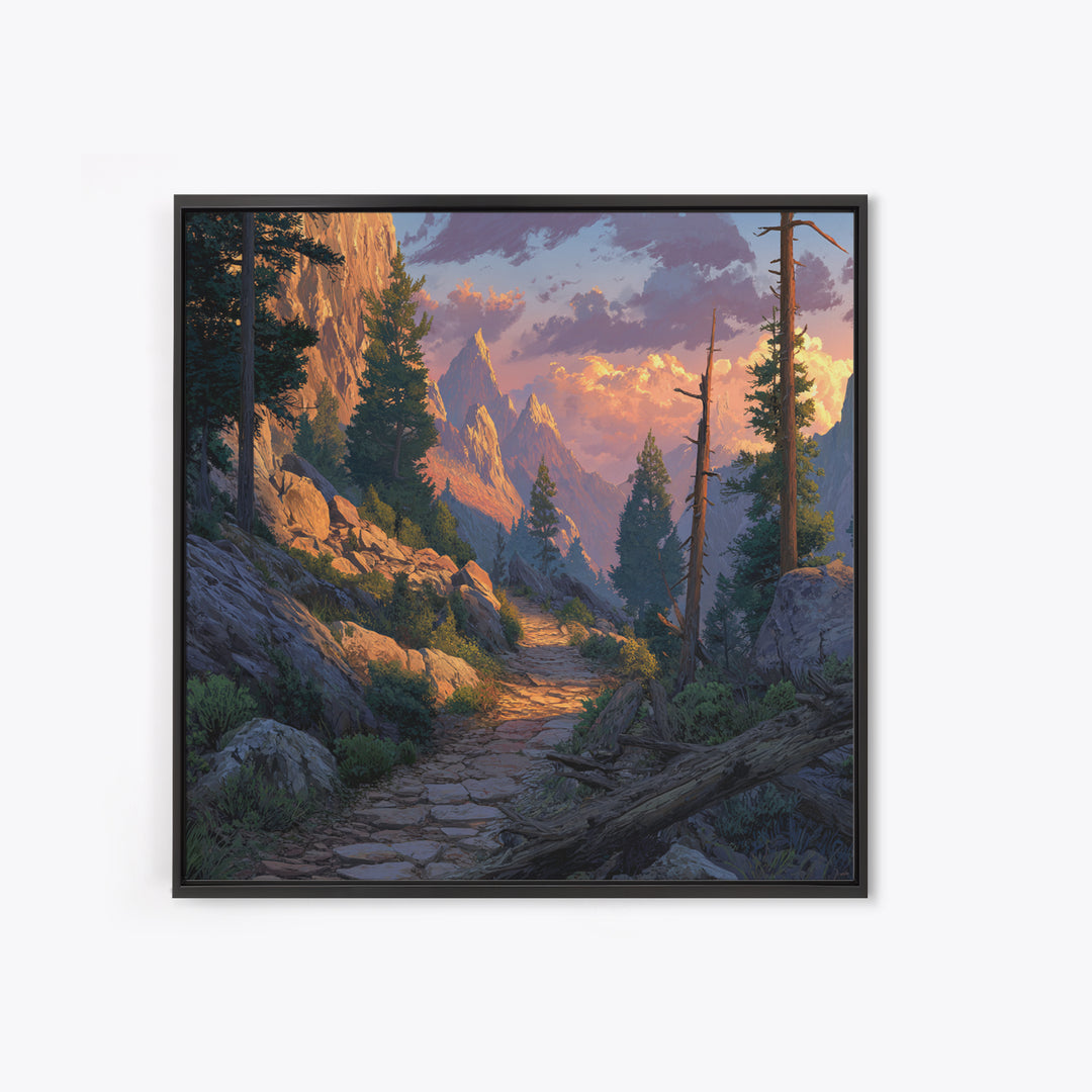 Mountain Trail At Sunset Landscape Wall Art, Scenic Hiking Path Canvas Print, Rustic Nature Home Decor For Living Room