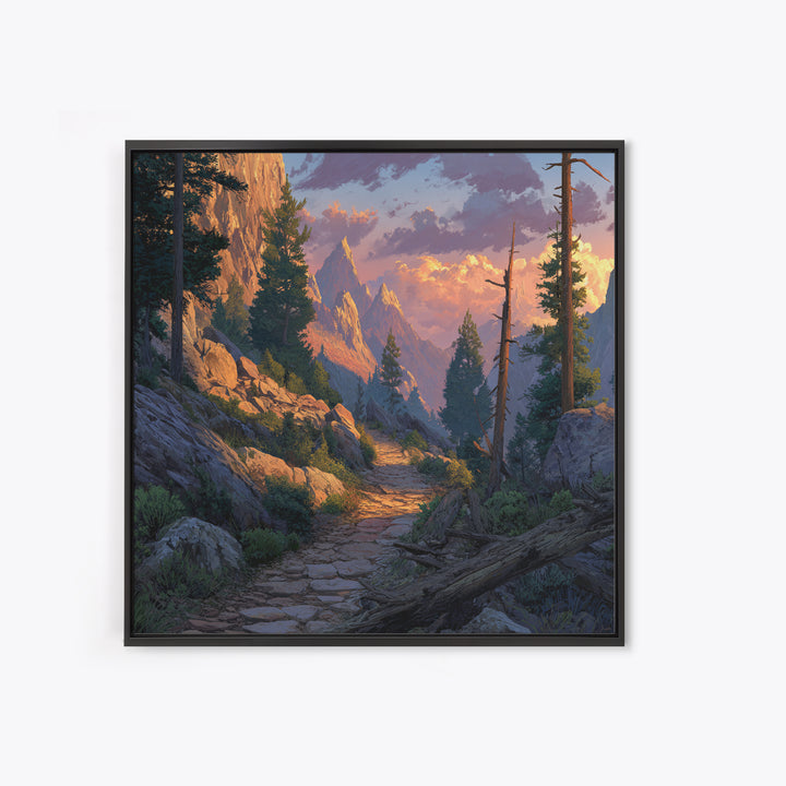 Mountain Trail At Sunset Landscape Wall Art, Scenic Hiking Path Canvas Print, Rustic Nature Home Decor For Living Room