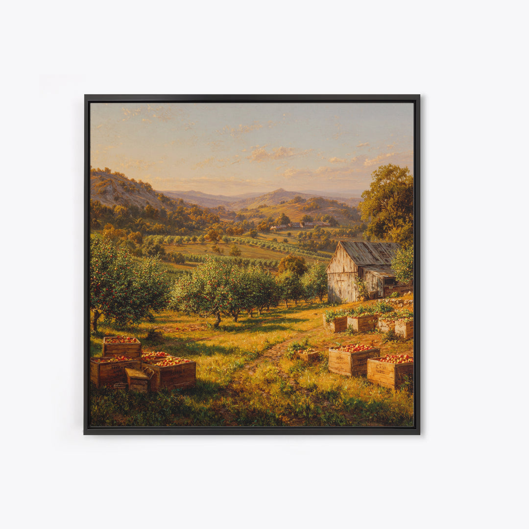 Golden Orchard Valley Landscape Painting Wall Art, Rustic Farm Harvest Print, Country Kitchen And Dining Room Decor