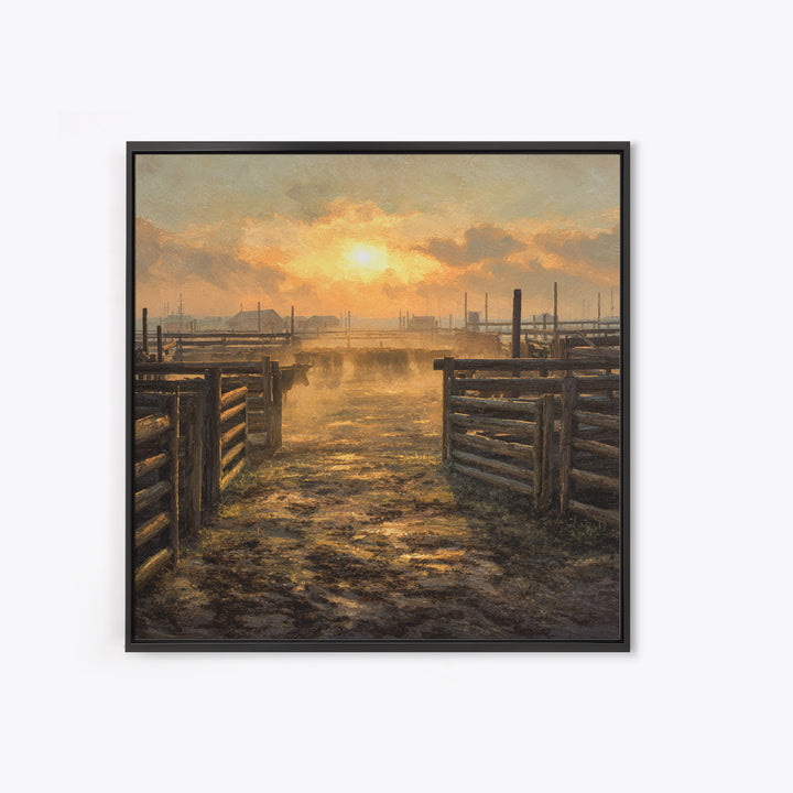 Rustic Cattle Pens Sunrise Oil Painting Wall Art, Western Farmhouse Landscape Print For Country Kitchen Or Living Room Decor