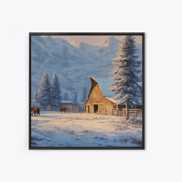 Snowy Mountain Barn Winter Wall Art, Rustic Farm Landscape Canvas Print, Cozy Cabin Decor, Country Farmhouse Living Room Wall Decor