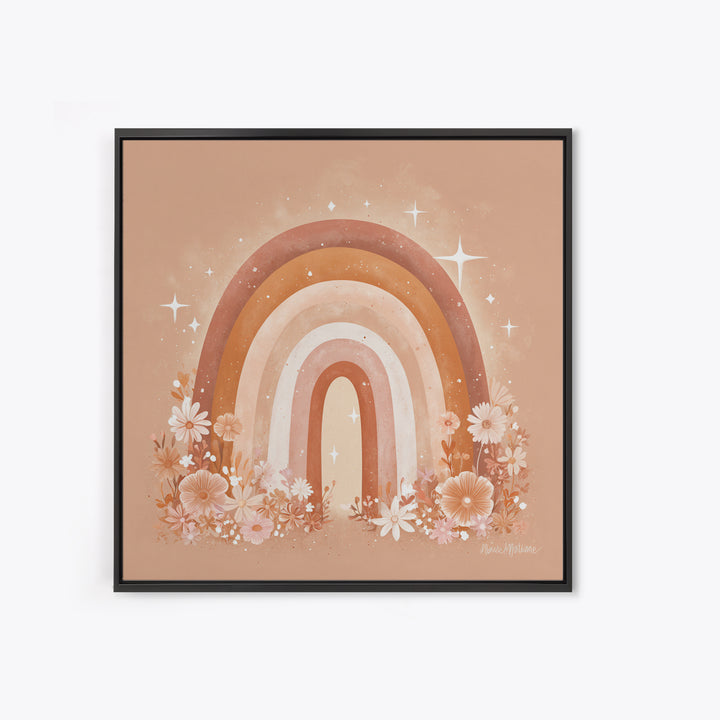 Peach Floral Rainbow Wall Art, Daisy Nursery Decor, Boho Kids Room Art, Feminine Wall Decor, Baby Girl Nursery Canvas Print