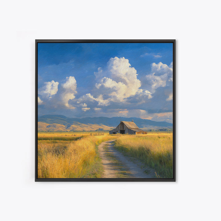 Golden Field Barn Country Landscape Wall Art, Blue Sky Farmhouse Canvas Print, Rustic Country Home Decor For Kitchen Or Living Room