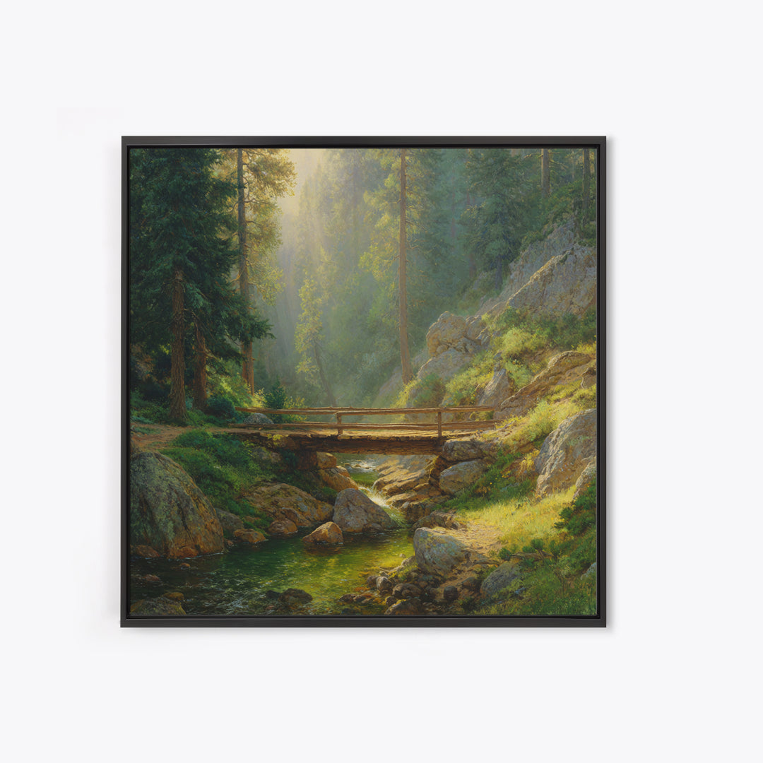 Sunlit Forest Bridge Landscape Wall Art, Tranquil Nature Print, Calming Green Decor, Rustic Country Artwork For Living Room Or Bedroom