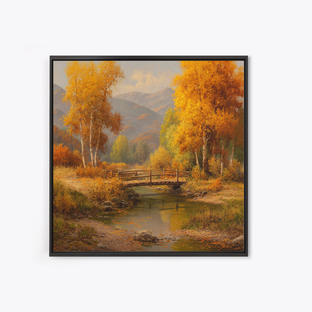 Autumn Forest Bridge Landscape Wall Art, Rustic Country Stream Canvas Print, Cozy Fall Home Decor, Living Room Wall Art
