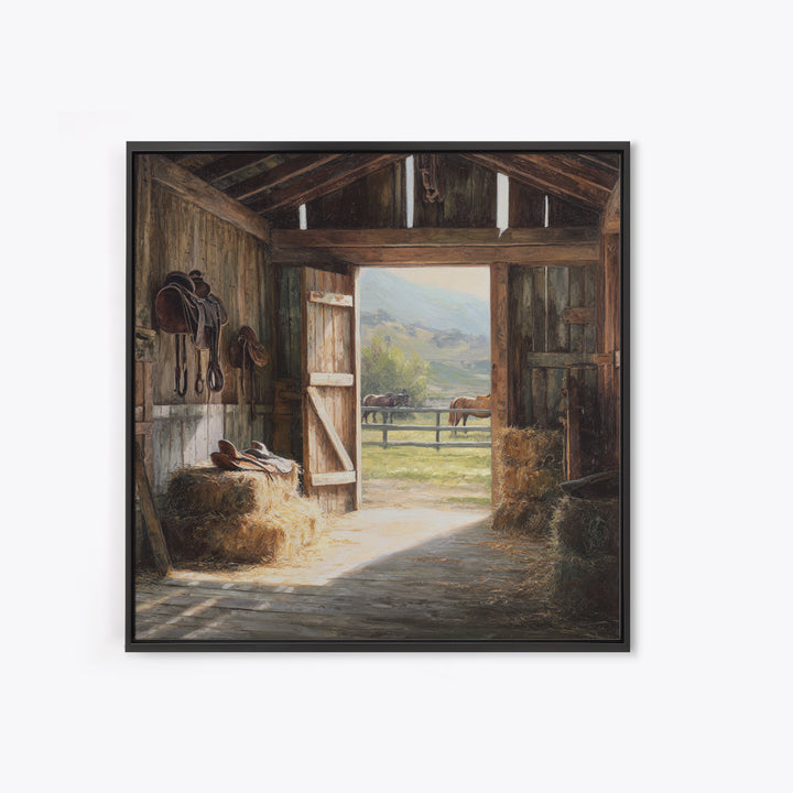 Rustic Horse Barn Interior Wall Art Country Farmhouse Decor Warm Sunlit Stable Landscape Print For Entryway Or Living Room