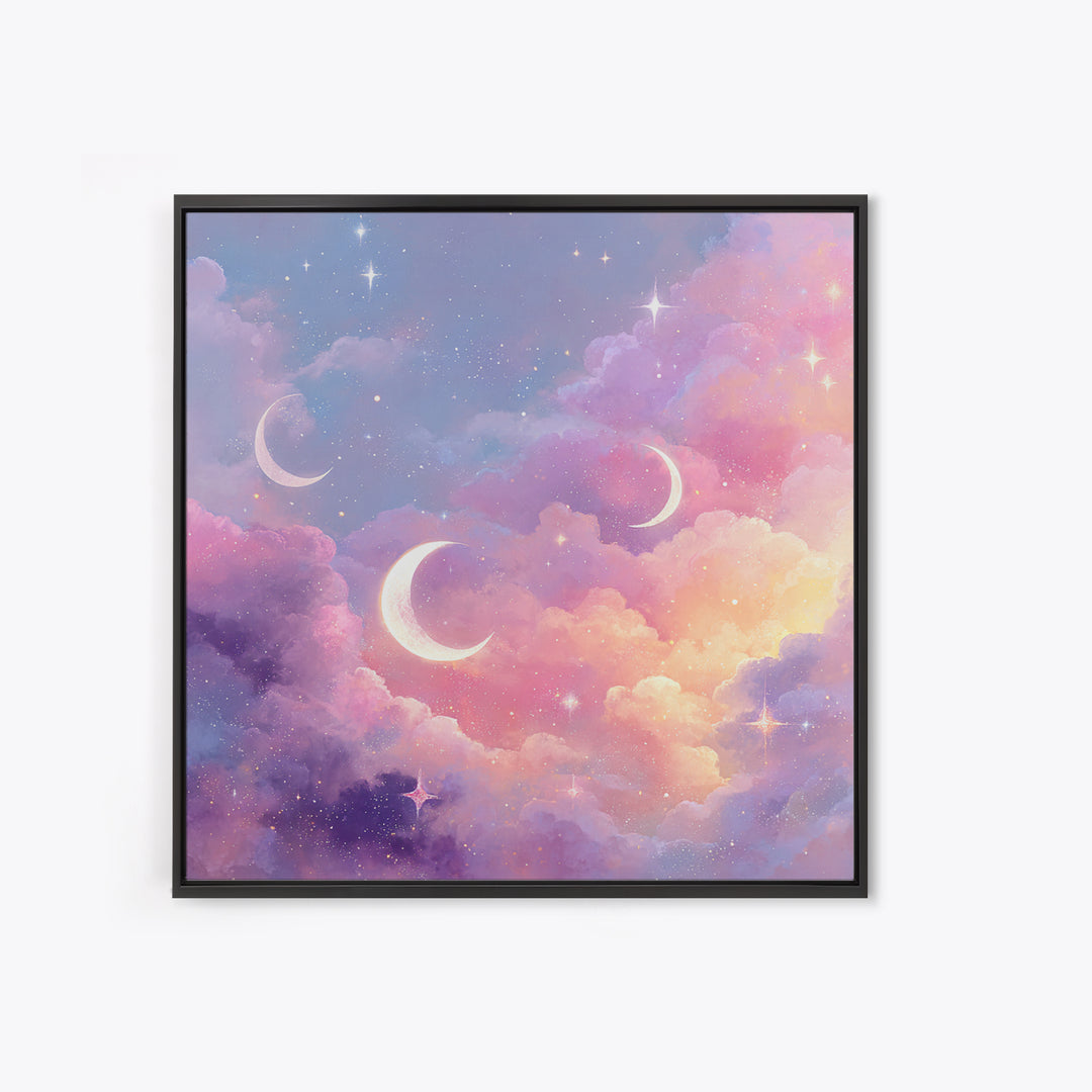 Pastel Crescent Moons In Dreamy Clouds Canvas Print, Celestial Wall Art, Whimsical Nursery Decor, Girls Room Decor, Space Art